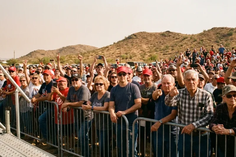 Rally attendees in red caps press against a metal barricade under hazy desert hills, some cheering with phones raised, an older man pointing toward the camera