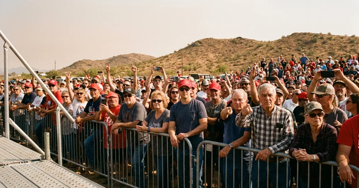Rally attendees in red caps press against a metal barricade under hazy desert hills, some cheering with phones raised, an older man pointing toward the camera
