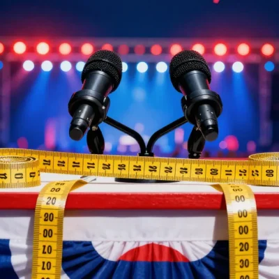 A gold tailor's measuring tape draped over a red, white and blue rally lectern between two microphones, with stage lights and a crowd blurred behind