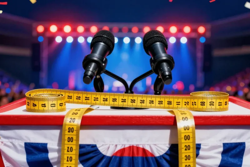 A gold tailor's measuring tape draped over a red, white and blue rally lectern between two microphones, with stage lights and a crowd blurred behind