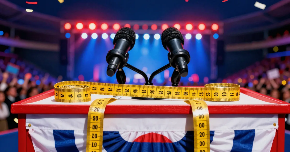A gold tailor's measuring tape draped over a red, white and blue rally lectern between two microphones, with stage lights and a crowd blurred behind