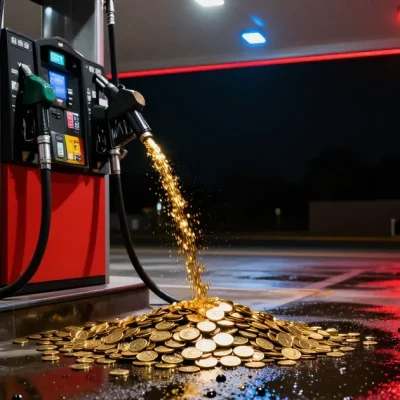 A gas pump nozzle at a night-time gas station pouring a stream of gold coins onto wet pavement lit red and blue