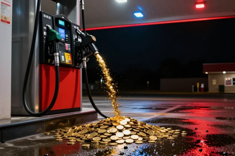 A gas pump nozzle at a night-time gas station pouring a stream of gold coins onto wet pavement lit red and blue