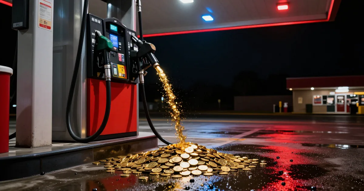A gas pump nozzle at a night-time gas station pouring a stream of gold coins onto wet pavement lit red and blue