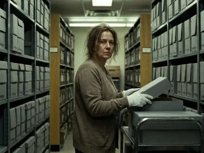 An archivist in cotton gloves lifts the lid of a gray archival box beside a cart in a corridor of steel shelving lined with records boxes