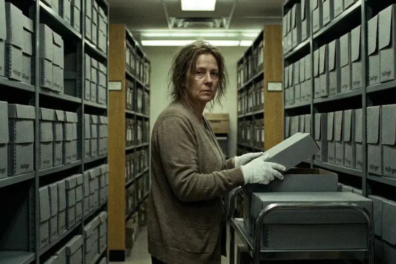 An archivist in cotton gloves lifts the lid of a gray archival box beside a cart in a corridor of steel shelving lined with records boxes