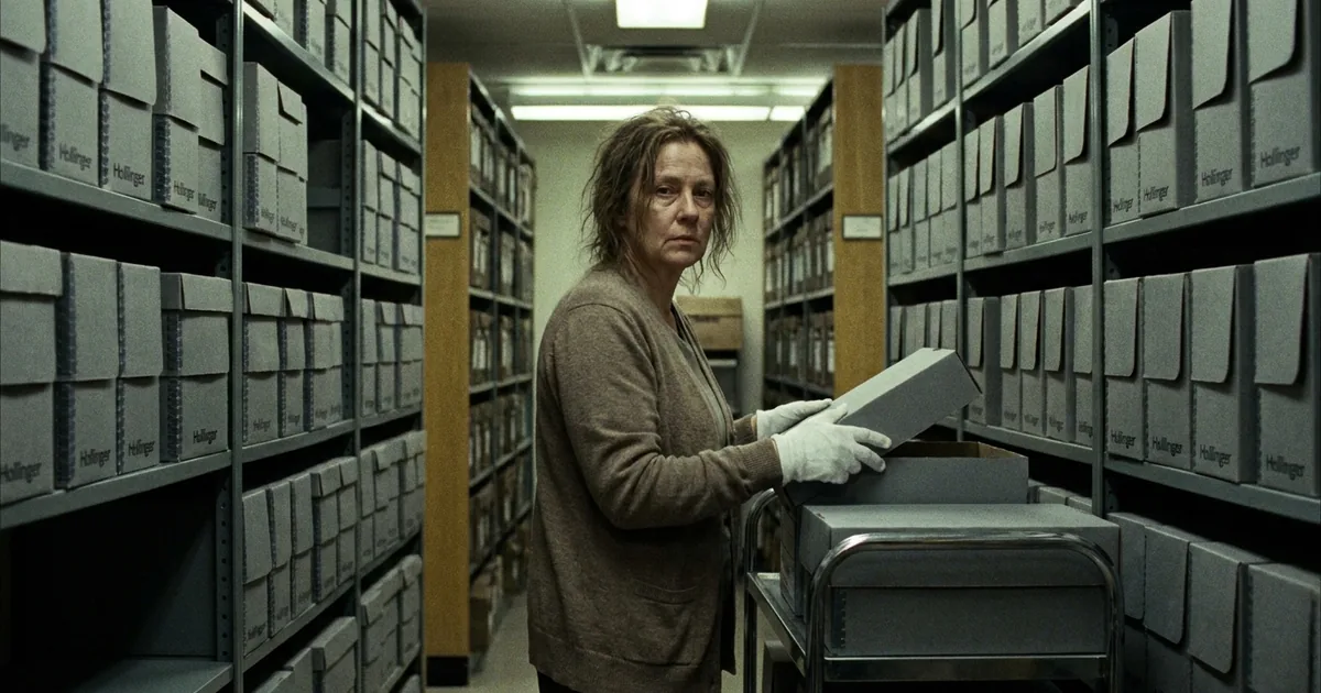 An archivist in cotton gloves lifts the lid of a gray archival box beside a cart in a corridor of steel shelving lined with records boxes