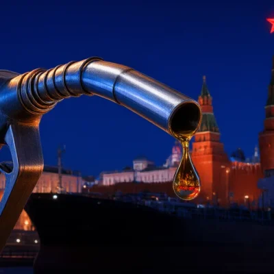 A steel diesel fuel pump nozzle drips a drop of fuel in the foreground while a tanker sits beneath the lit Kremlin towers at night
