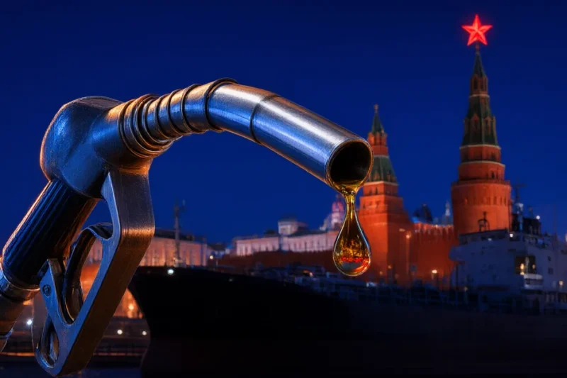 A steel diesel fuel pump nozzle drips a drop of fuel in the foreground while a tanker sits beneath the lit Kremlin towers at night