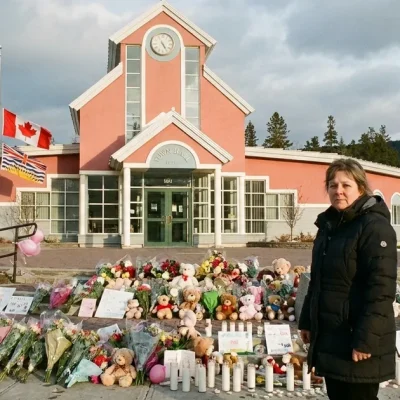 Flowers, teddy bears and candles piled on the steps of Tumbler Ridge Town Hall in British Columbia, with the Canadian and B.C. flags at half-mast and a woman in a winter parka standing beside the memorial
