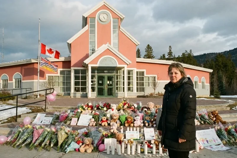 Flowers, teddy bears and candles piled on the steps of Tumbler Ridge Town Hall in British Columbia, with the Canadian and B.C. flags at half-mast and a woman in a winter parka standing beside the memorial