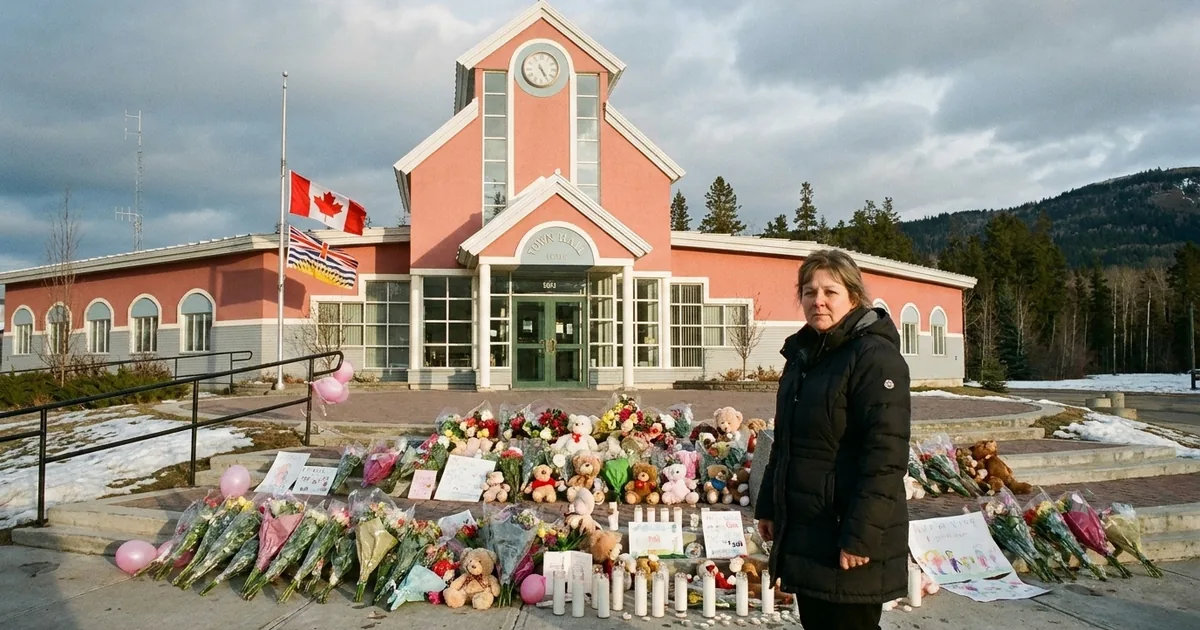 Flowers, teddy bears and candles piled on the steps of Tumbler Ridge Town Hall in British Columbia, with the Canadian and B.C. flags at half-mast and a woman in a winter parka standing beside the memorial