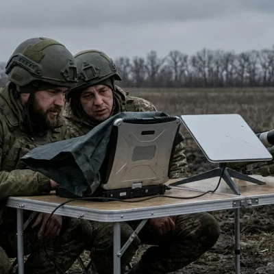 Two Ukrainian soldiers in helmets crouch at a folding table in a muddy field, looking at a laptop beside a flat satellite terminal and a small interceptor drone launcher