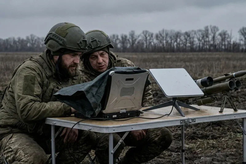 Two Ukrainian soldiers in helmets crouch at a folding table in a muddy field, looking at a laptop beside a flat satellite terminal and a small interceptor drone launcher
