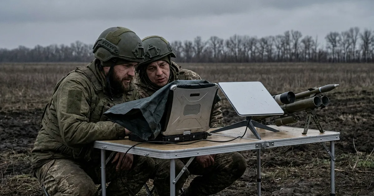 Two Ukrainian soldiers in helmets crouch at a folding table in a muddy field, looking at a laptop beside a flat satellite terminal and a small interceptor drone launcher