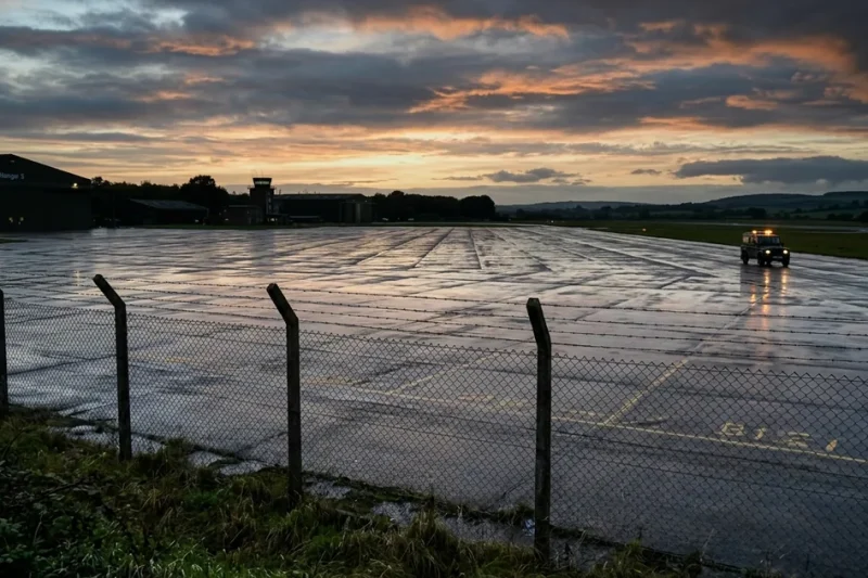 A wet, empty aircraft apron behind a security fence at dusk with a single vehicle in the distance