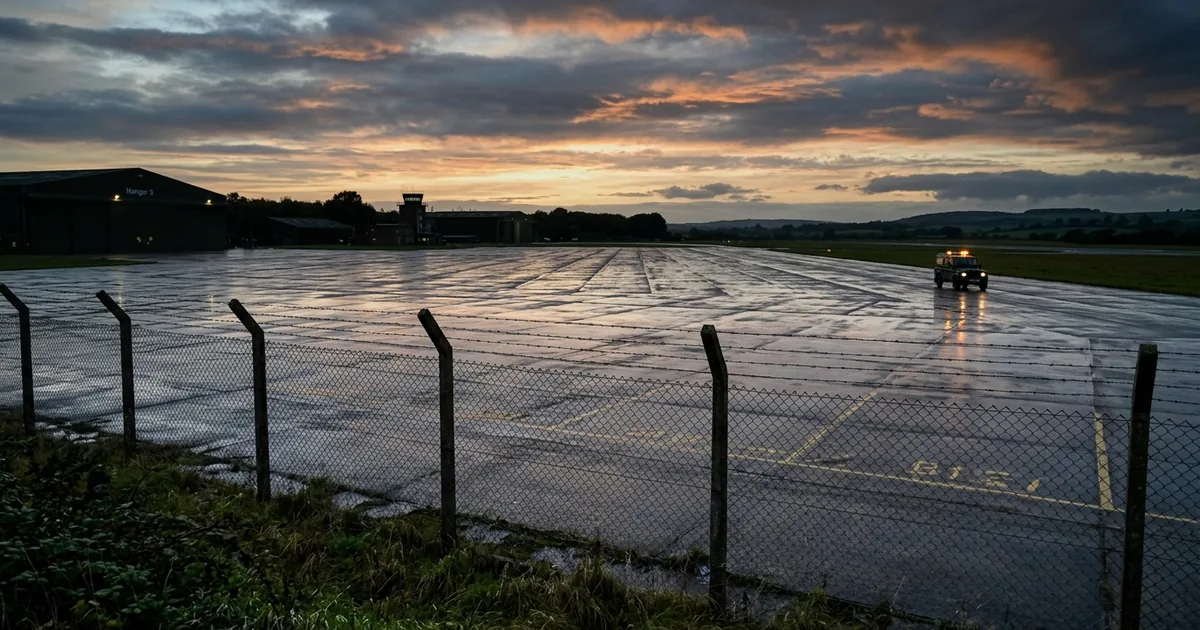 A wet, empty aircraft apron behind a security fence at dusk with a single vehicle in the distance