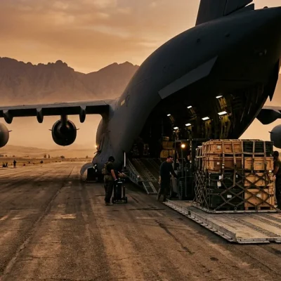 A military cargo aircraft on a desert airbase tarmac at sunset while equipment crates are loaded