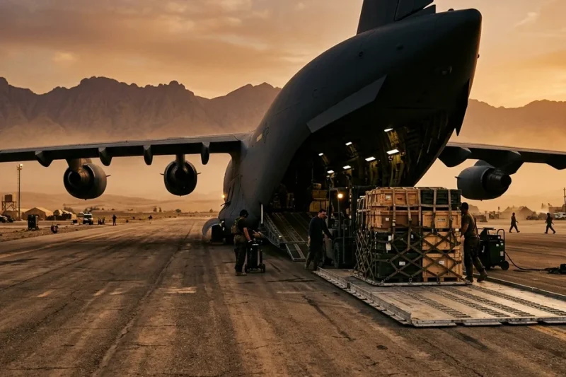 A military cargo aircraft on a desert airbase tarmac at sunset while equipment crates are loaded