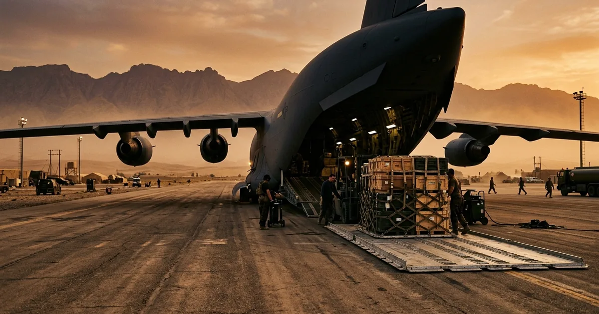 A military cargo aircraft on a desert airbase tarmac at sunset while equipment crates are loaded