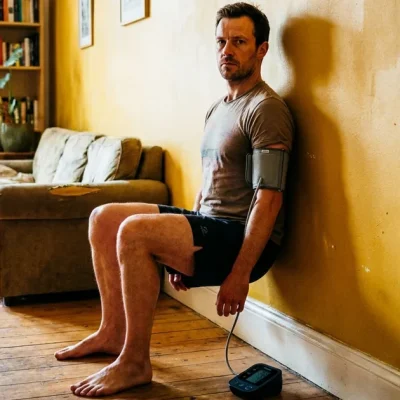 A man holding a wall sit against a yellow wall at home, a blood pressure cuff on his upper arm and a monitor on the floor beside him