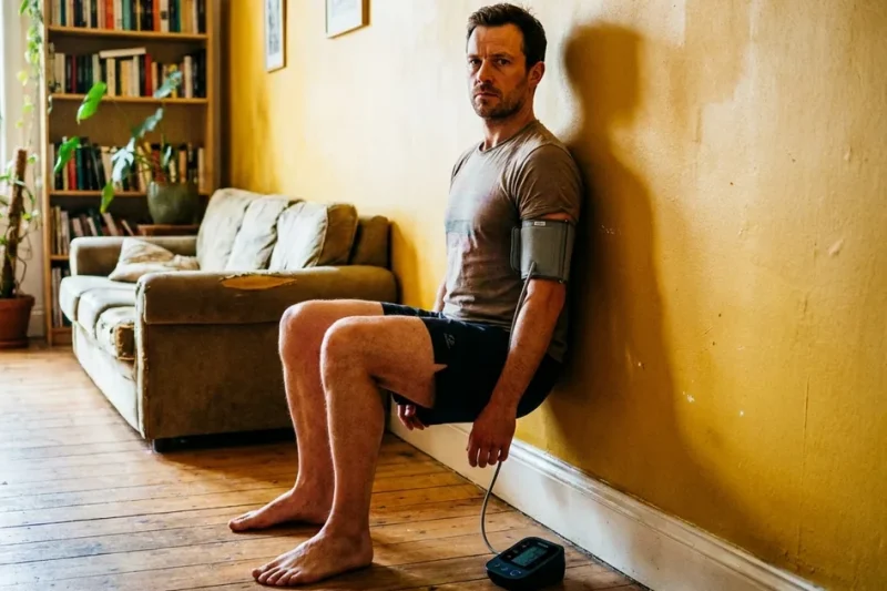 A man holding a wall sit against a yellow wall at home, a blood pressure cuff on his upper arm and a monitor on the floor beside him