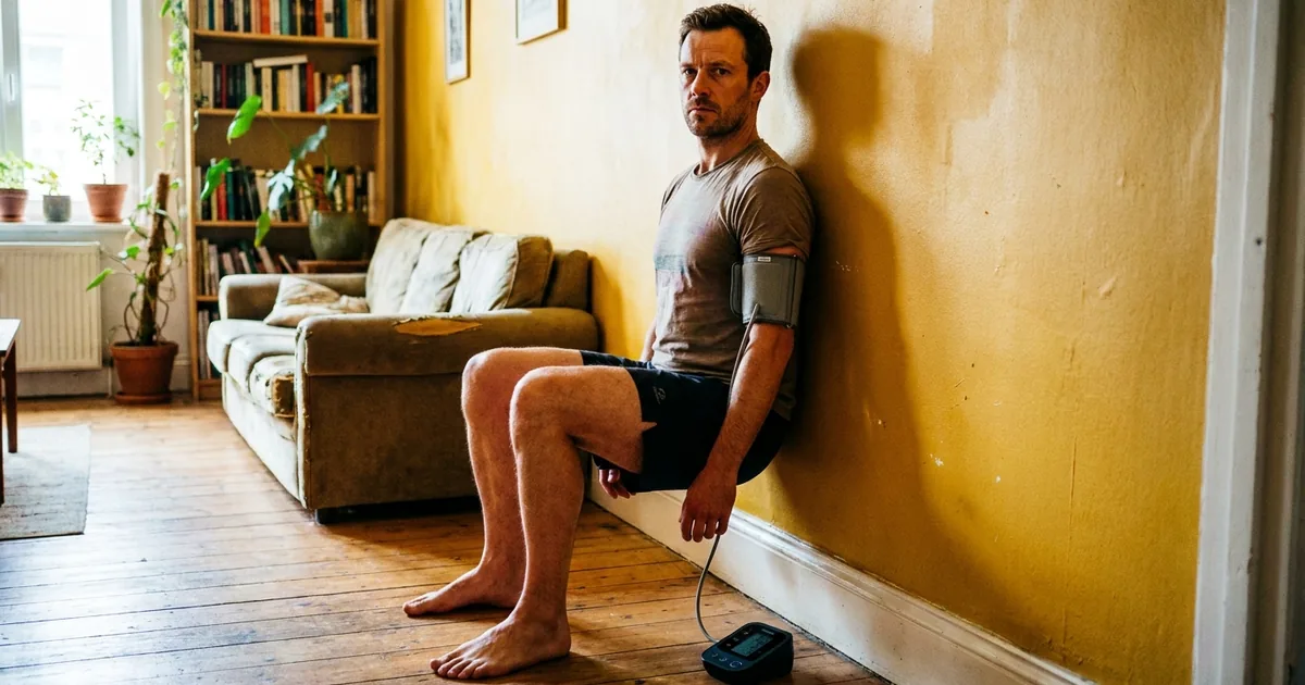 A man holding a wall sit against a yellow wall at home, a blood pressure cuff on his upper arm and a monitor on the floor beside him