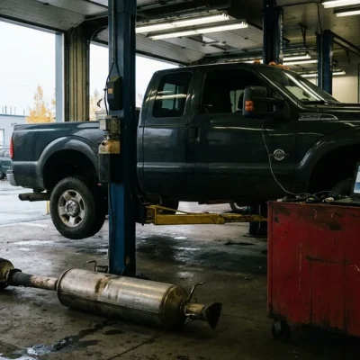 A diesel pickup truck raised on a lift in an auto repair bay, its removed exhaust filter canister lying on the concrete floor beside a diagnostic laptop cart