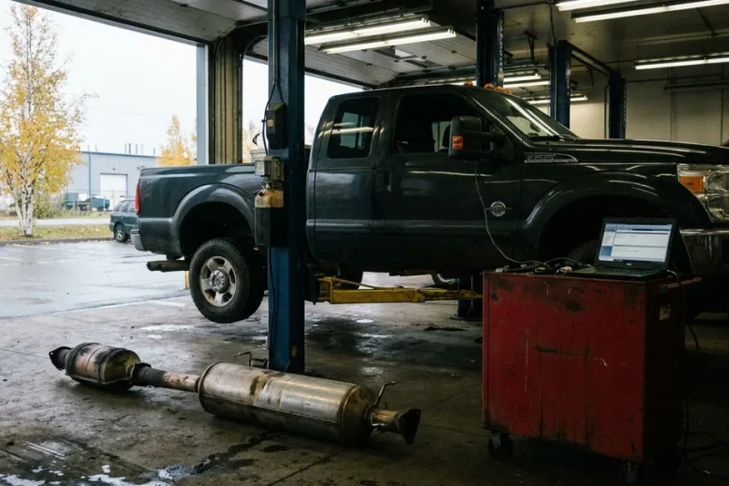 A diesel pickup truck raised on a lift in an auto repair bay, its removed exhaust filter canister lying on the concrete floor beside a diagnostic laptop cart