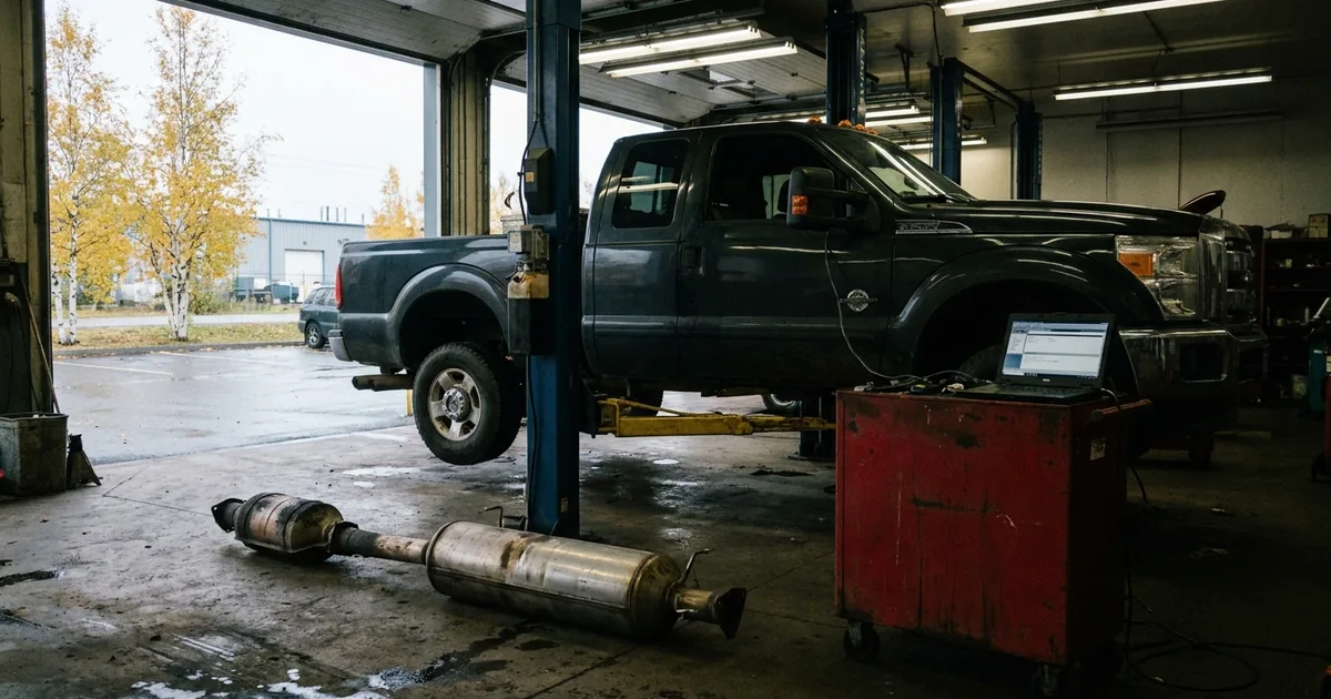 A diesel pickup truck raised on a lift in an auto repair bay, its removed exhaust filter canister lying on the concrete floor beside a diagnostic laptop cart
