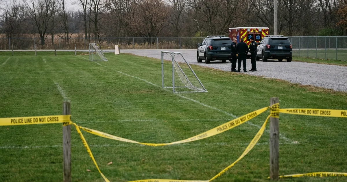 Illustrative scene: police tape across a mown youth soccer field, with patrol SUVs and an ambulance parked on a gravel road beyond the goals