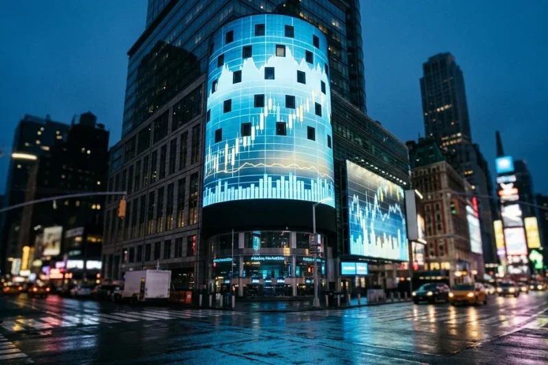 The Nasdaq MarketSite tower in Times Square lit with market data at dusk