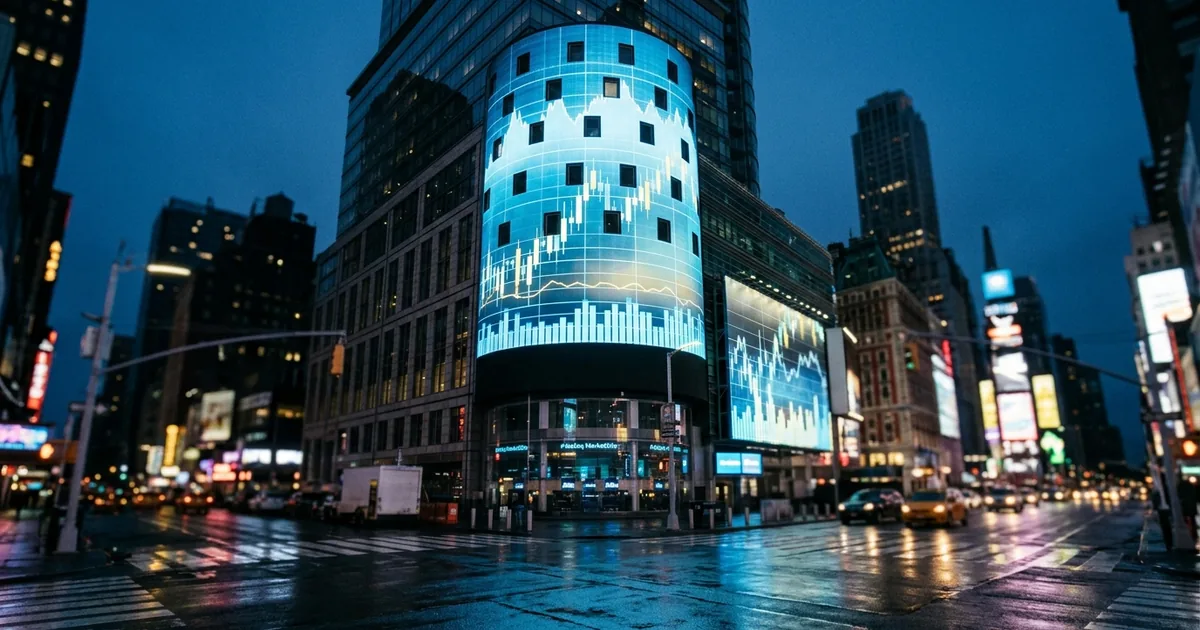The Nasdaq MarketSite tower in Times Square lit with market data at dusk