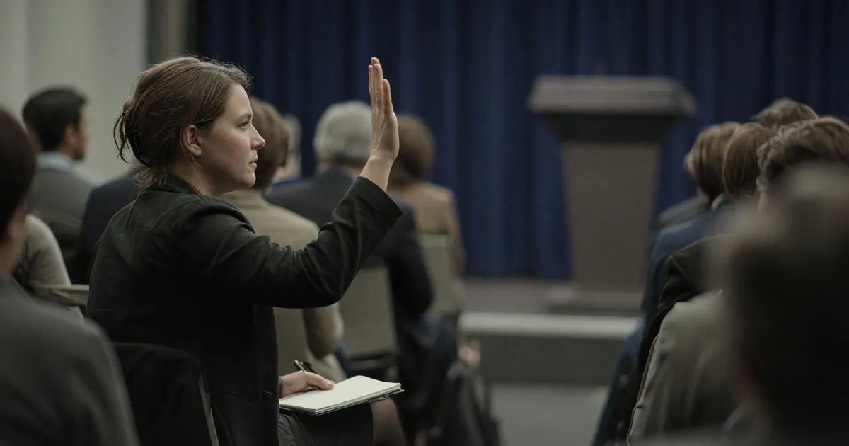 A reporter raises a hand in the White House briefing room as the lectern stands empty in the background