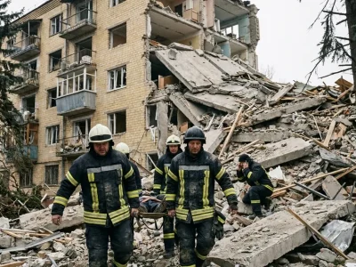 Emergency rescuers in reflective-striped uniforms carry a stretcher down the rubble of a collapsed section of a yellow-brick apartment block, with spruce trees around the courtyard