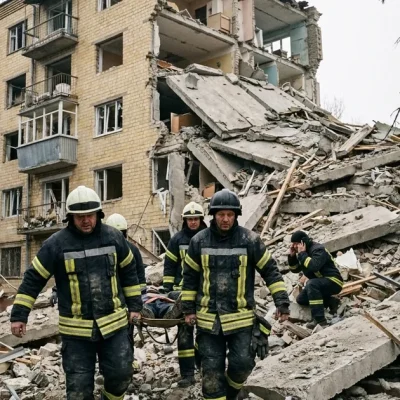 Emergency rescuers in reflective-striped uniforms carry a stretcher down the rubble of a collapsed section of a yellow-brick apartment block, with spruce trees around the courtyard