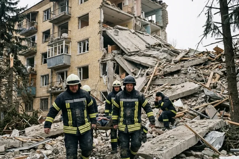 Emergency rescuers in reflective-striped uniforms carry a stretcher down the rubble of a collapsed section of a yellow-brick apartment block, with spruce trees around the courtyard