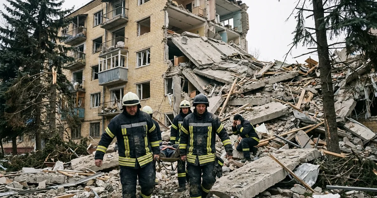 Emergency rescuers in reflective-striped uniforms carry a stretcher down the rubble of a collapsed section of a yellow-brick apartment block, with spruce trees around the courtyard